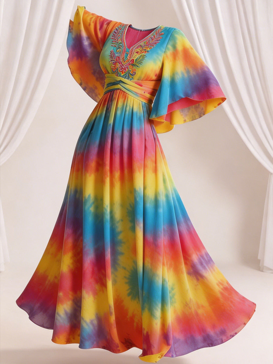 Retro Style Art Printed Elegant V-Neck Vintage Wide-Sleeved Sleeves Maxi Dress